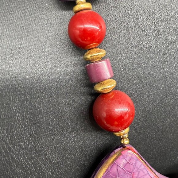 Ceramic Pendant Red Chunky Beads Choker Statement Necklace - Picture 6 of 10
